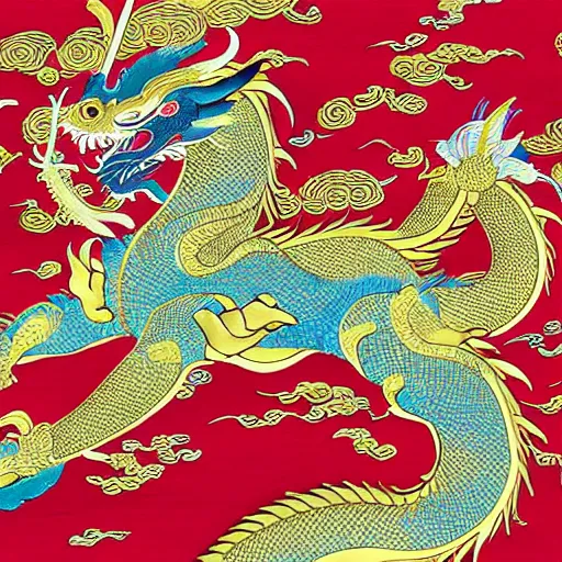 Image similar to oriental white and gold eastern dragon in a traditional chinese art style, red background, detailed