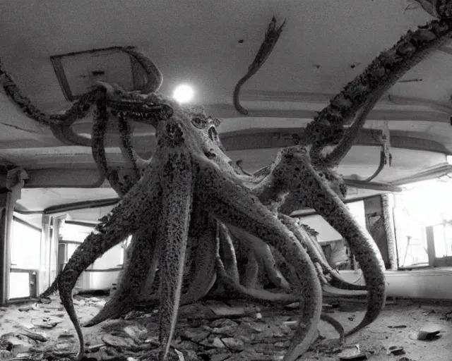 Image similar to camera footage of a extremely aggressive Giant mutated Octopus with glowing white eyes, Human Features, Teeth, in an abandoned shopping mall, Psychic Mind flayer, Terrifying, Silhouette :7 , high exposure, dark, monochrome, camera, grainy, CCTV, security camera footage, timestamp, zoomed in, Feral, fish-eye lens, Fast, Radiation Mutated, Nightmare Fuel, Wolf, Evil, Bite, Motion Blur, horrifying, lunging at camera :4 bloody dead body, blood on floors, windows and walls :5