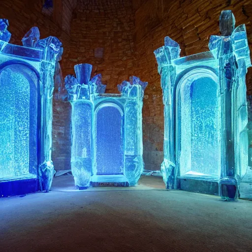 Prompt: ruins of a medieval throne room with all seats replaced by people encased in crystaline prisons, illuminated in blue light by a large crystal, perspective from the entrance, eerie ambience, handdrawn