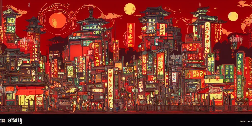 Prompt: neo tokyo in the style of studio ghibli, night, traditional red china lamps, high contrast, ghibli