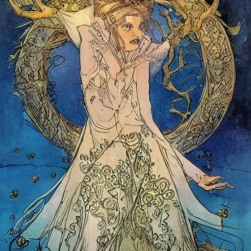 Image similar to a beautiful portrait of sanna!!!!! marin!!!!!, the young female prime minister of finland as a druidic wizard by rebecca guay, michael kaluta, charles vess and jean moebius giraud