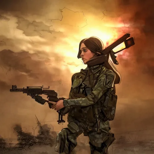 Prompt: soldier girl, modern warfare, ground explosion, anime style, long hair, hair down, symmetrical facial features, under heavy fire, hyper realistic, pale skin, 4 k, rule of thirds, extreme detail, detailed drawing, trending artstation, hd, fantasy, d & d, realistic lighting, by alphonse mucha, greg rutkowski, sharp focus, backlit