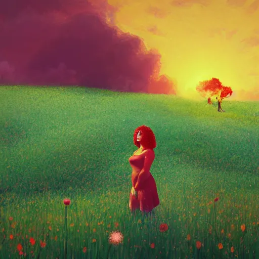 Image similar to giant red flower afro, full body, girl in the middle of a field with flowers, surreal photography, hills, sunrise dramatic light, impressionist painting, colorful clouds, digital painting, pointillism, artstation, simon stalenhag