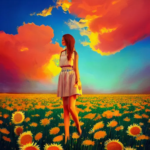 Image similar to girl face made of giant daisies, standing in a flower field, holding flowers, surreal photography, sunset dramatic light, impressionist painting, colorful clouds, large sky, digital painting, artstation, simon stalenhag