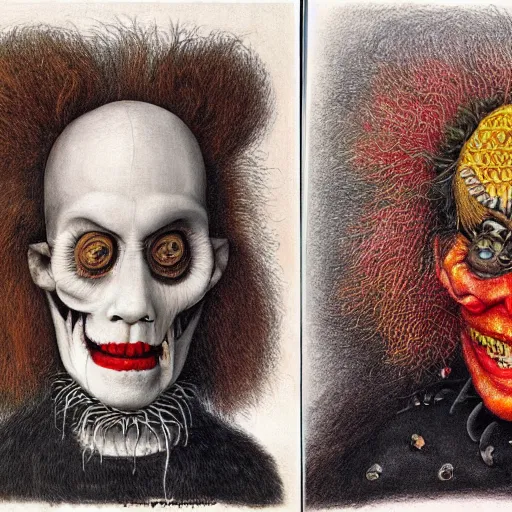 Prompt: a split personality tries to separate, left is white and looks kind, right is black and looks evil, by Giuseppe Arcimboldo, colored pencils, hyper realistic,hyper detailed