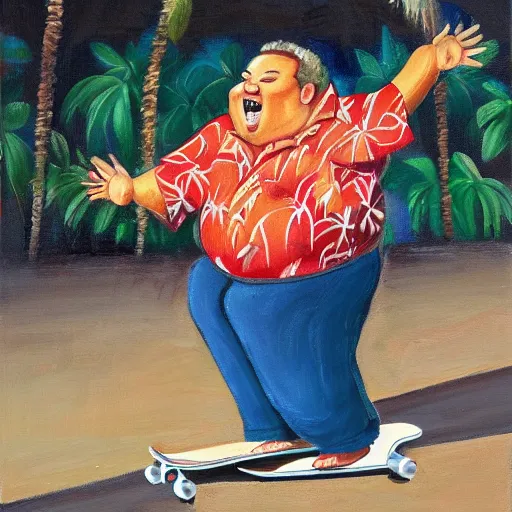 Image similar to happy fat man in a hawaiian shirt, skateboarding, oil on canvas