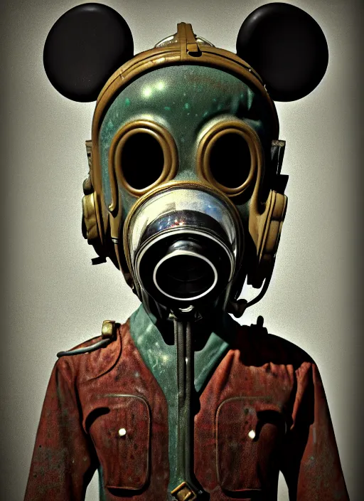 Prompt: 1 9 4 5 wartime mickey mouse head, gas mask, automotive, flower pop, porcelain, fractal, leathery, wet, broken, melting, rococo, mycelium, baroque, sumerian, radiant alien, magic kingdom, octane render, high detail