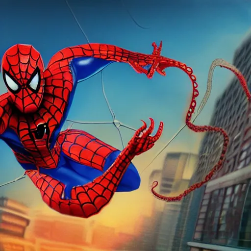 Image similar to octopus attacking and suffocating spiderman, photorealistic