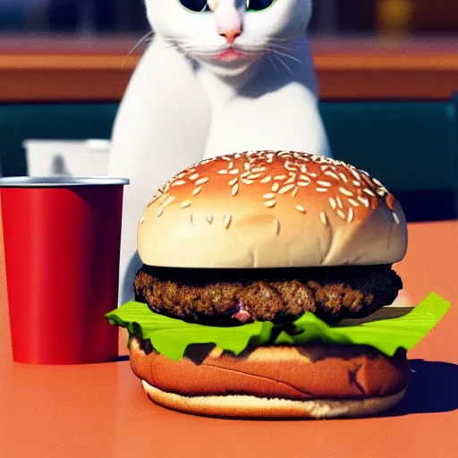 Image similar to a cat eating a burger at a diner, unreal engine, octane render, artgerm, artstation, art jiro matsumoto, high quality, intricate detailed 8 k, sunny day