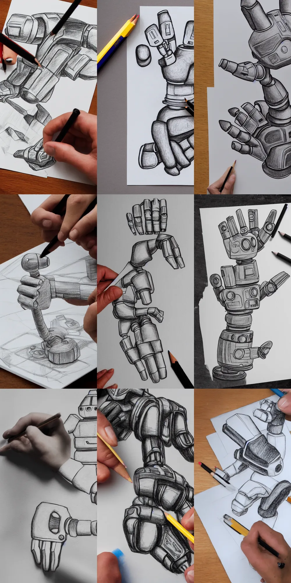 Prompt: A photo of a robot hand, drawing a picture of of a robot hand in pencil.