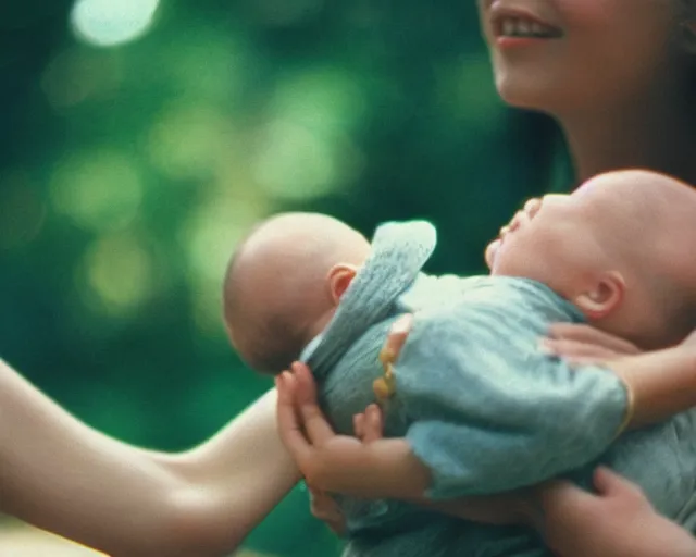 Image similar to a lomographic photo of young women holding her child on hands, year 1 9 7 0, cinestill, bokeh