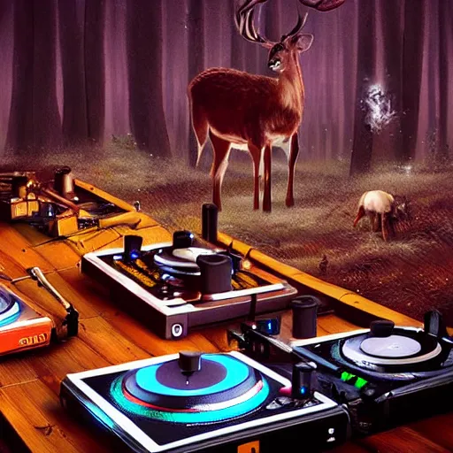 Image similar to “a crowded chukcha rave detailed photo with a deer playing tracks on the turntables in tundra, matte painting”