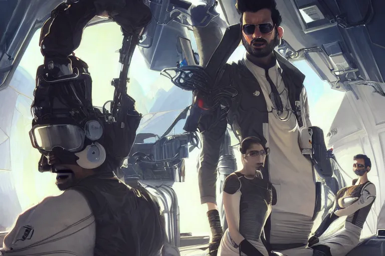 Prompt: Sensual good looking pale young Indian doctors wearing Deus Ex Mankind Divided clothing in a space station above Earth, portrait, elegant, intricate, digital painting, artstation, concept art, smooth, sharp focus, illustration, art by artgerm and greg rutkowski and alphonse mucha