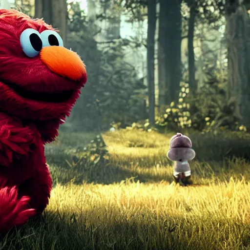 Image similar to elmo using a child as a hand puppet, playful scene, unreal engine, realistic, highly detailed fur, 8 k