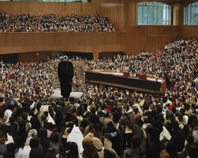 Image similar to anonymous at lectern with large presentation display behind, crowded university hall, photo