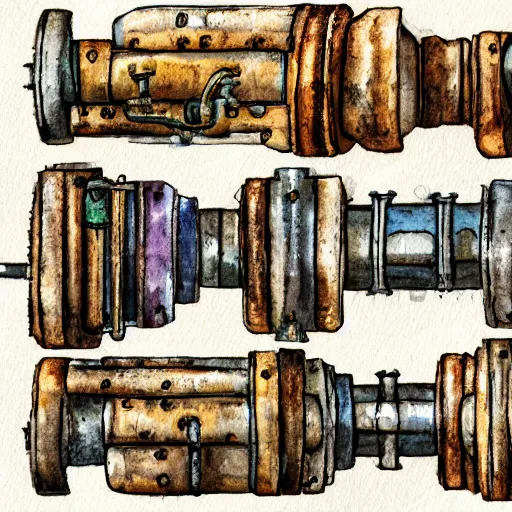 Prompt: steampunk scene of pipes valves watercolor