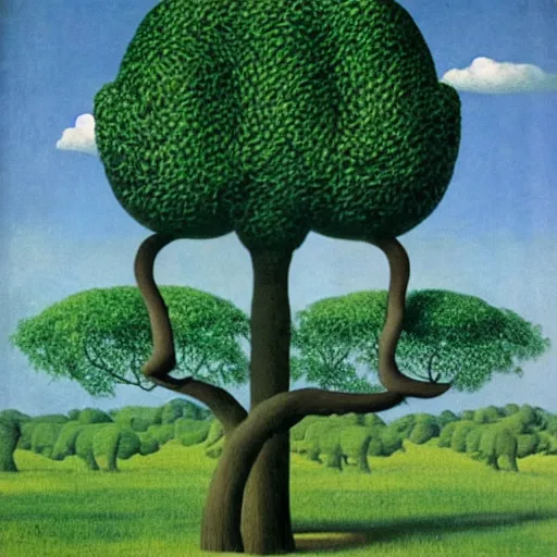 Prompt: tree elephant hybrid, the metaphor for life, by rene magritte