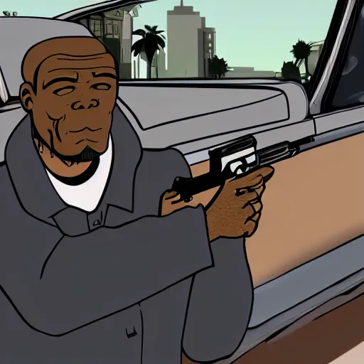 Image similar to old man in car holding gun, gta san andreas art