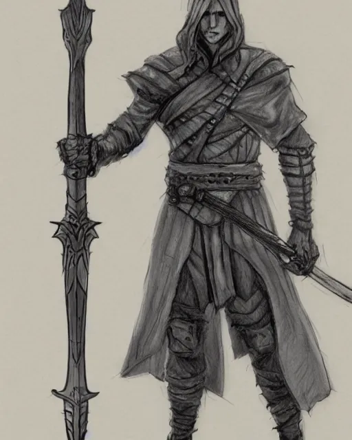 Image similar to a pencil concept art of a D&D character, holding a sword mad by Pen Tacular