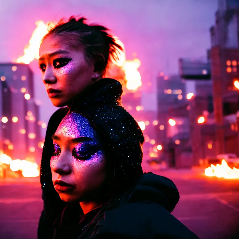 Image similar to Cinestill 50d candid photography of a city on fire, extreme wide shot of a poor techwear mixed woman wearing thick mascara and dark glitter makeup crying outside of a city on fire, tattoos, extreme long shot, full shot, blurry, 4k, 8k, hd, full color