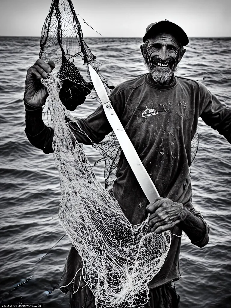 Image similar to an imperfect journalistic portrait of a fisherman, after he has caught a fractal cluster of chimeric biomechanical humans in his net. he grins proudly, baring his gargantuan razor sharp teeth like blades of a professional food processor