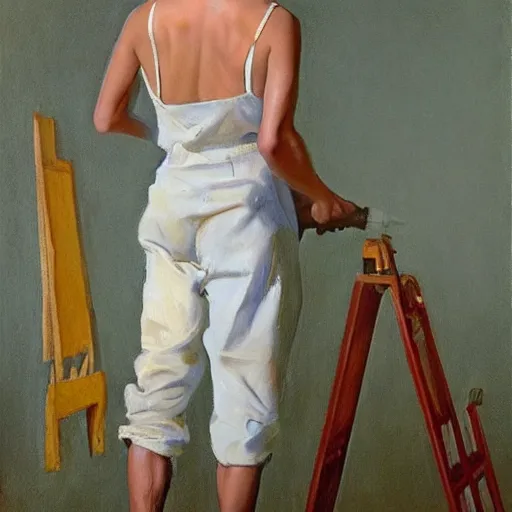 Image similar to oil painting of full - body angelina jolie posing as housepainter by alexander nikolayevich samokhvalov by norman percevel rockwell from - 1 9 3 0 s