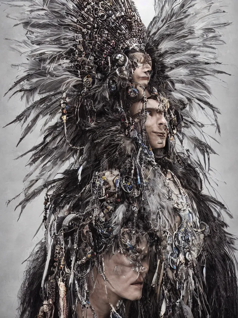 Image similar to A realistic photo centered portrait of a wise and mystical biomech shaman with a head dress made of feathers and beads with dark robes and trinkets of silver casting a magical spell, HD , trending on artstation