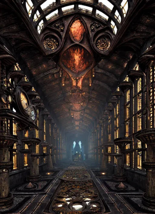 Image similar to steam necropolis, memento mori, gothic, neo - gothic, art nouveau, hyperdetailed copper patina medieval icon, stefan morrell, philippe druillet, ralph mcquarrie, concept art, steampunk, unreal engine, detailed intricate environment, octane render, moody atmospherics, volumetric lighting, ultrasharp, ominous, otherworldly