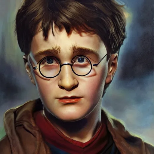 Image similar to detailed portrait of harry potter if his parents lived intricate, hyper detailed, realistic, oil painting, by julie bell, frank frazetta, cinematic lighting