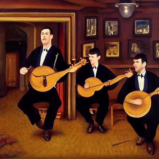 Image similar to detailed realistic oil painting of the clancy brothers performing music in a pub