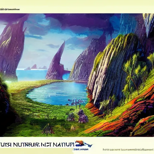 Image similar to fantasy illustration of a lush natural scene on an alien planet by brian millar. detailed. beautiful landscape. colourful weird vegetation. cliffs and water.