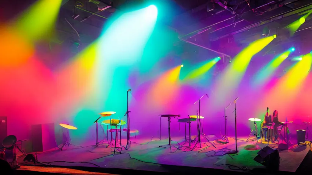 Image similar to a music stage with instruments, drums, colored spot lights cut through the fog by roder dean and greta socha and pablo dominguez.