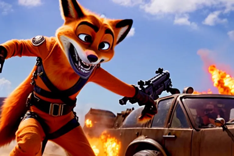 Image similar to nick wilde, heavily armed and armored facing down armageddon in a dark and gritty reboot from the makers of mad max : fury road : witness me