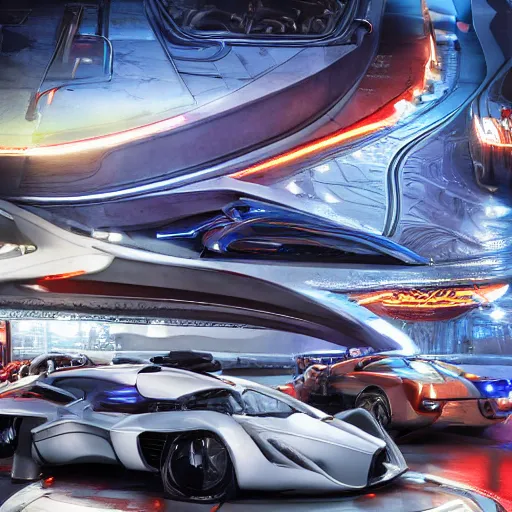 Image similar to car show several cars: motherboard forms designed by zaha hadid, sci-fi futuristic ultra realistic photography, keyshot render, octane render, unreal engine 5 lumen, high oiled liquid glossy specularity reflections, ultra detailed, golden hour, dramatic lighting 4k, 8k, 16k in the style ofblade runner 2049 Cyberpunk 2077 ghost in the shell thor 2 marvel film : tilt shift: sharp focus