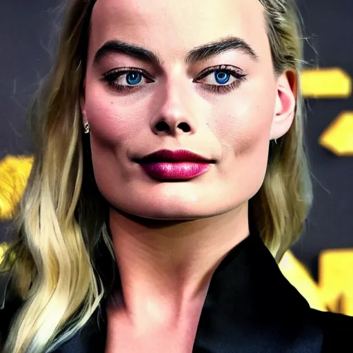 Image similar to margot robbie with a mustache, pimp suit and cane