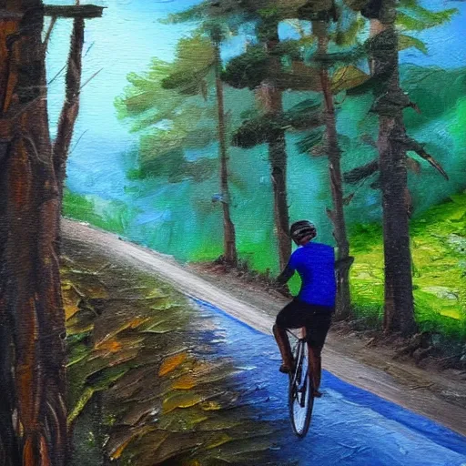 Prompt: man biking up a steep forest hill with a deep blue sweater. sweaty. Oil painting. Emotional. Steep. Trees.