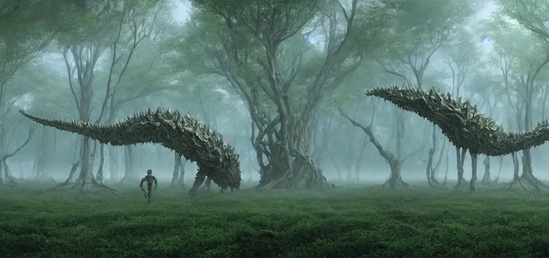 Image similar to a complex organic fractal 3 d metallic symbiotic ceramic humanoid megastructure creature in a swampy lush forest, foggy, cinematic shot, photo still from movie by denis villeneuve, 9 0 s anime by junji ito