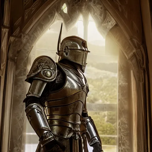 Image similar to evil knight, glowing halo, fantasy paladin, intricate legendary armor, located in a castle, morning sunlight through the window, decorated, high quality, highly detailed, 4 k