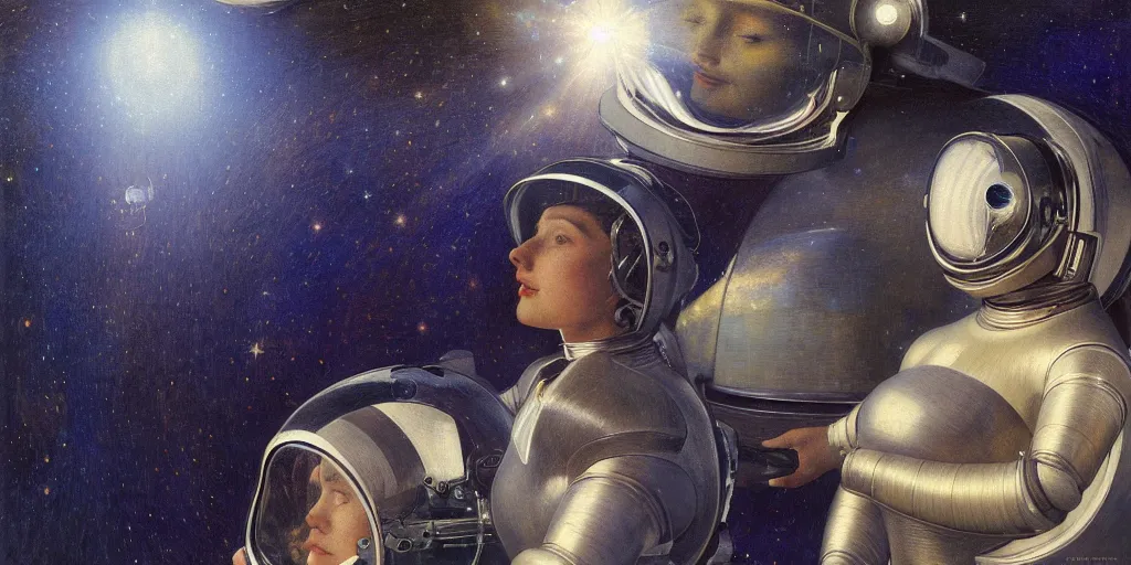 Prompt: portrait of a beautiful chrome female robot wearing a space helmet, reflections, mirroring, stars in space, rich clouds, warm azure tones, heavy lensflare, color bleed, film grain, depth of field, jules bastien - lepage, rudolph belarski, johfra bosschart, alexandre cabanel