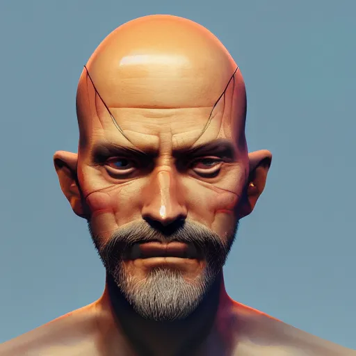 Prompt: bald man with an orange beard android, hyper detailed, digital art, trending in artstation, cinematic lighting, studio quality, smooth render, unreal engine 5 rendered, octane rendered, art style by klimt and nixeu and ian sprigger and wlop and krenz cushart