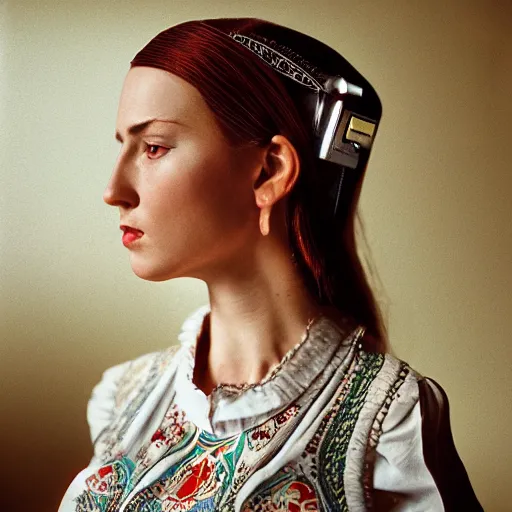 Image similar to hyperrealism photography in caravaggio style computer simulation visualisation of parallel universe sit - com scene with beautiful detailed ukrainian woman wearing ukrainian traditional shirt designed by taras shevchenko and woman wearing retrofuturistic sci - fi neural interface designed by josan gonzalez. hyperrealism photo on pentax 6 7, kodak portra 4 0 0 volumetric natural light - s 1 5 0