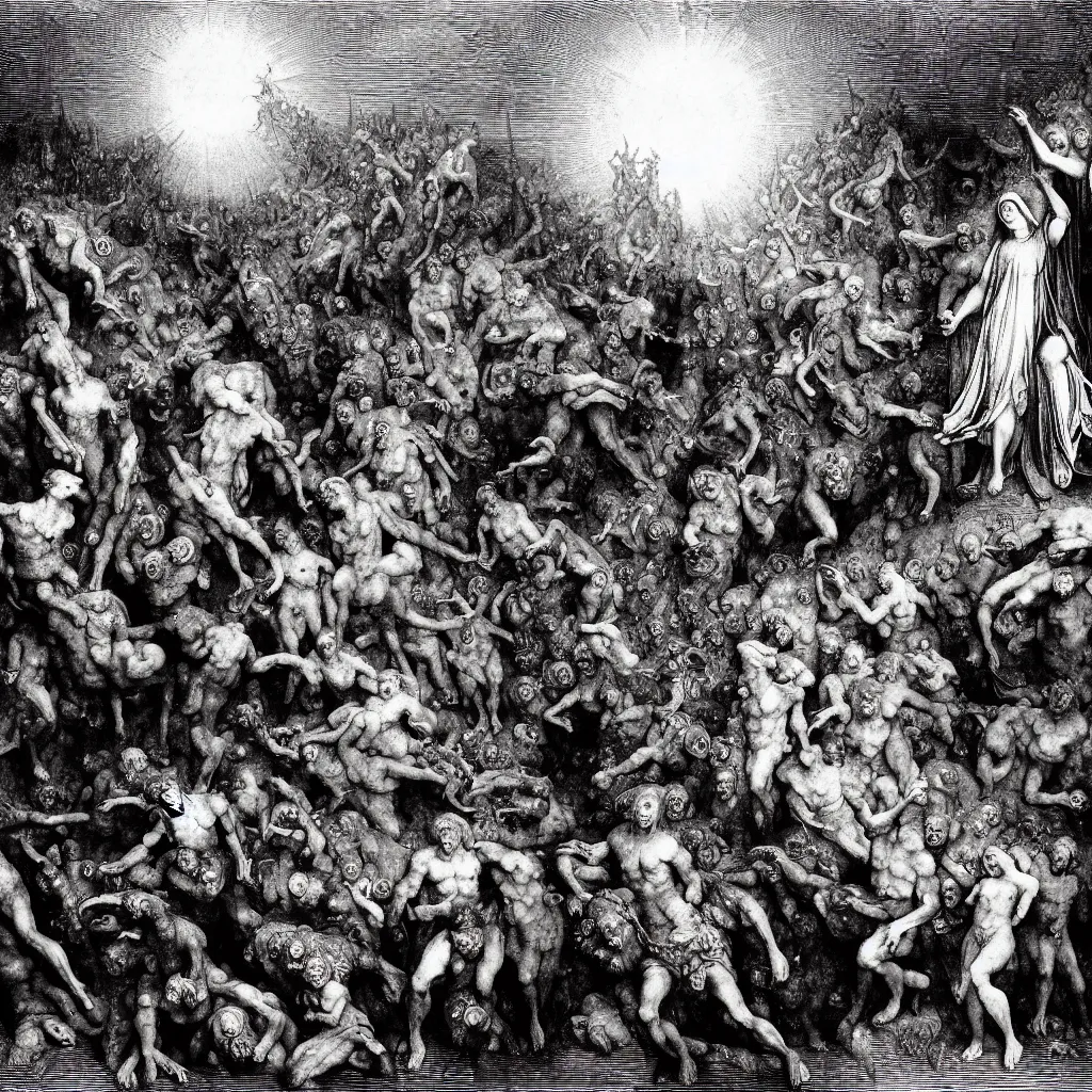 Prompt: an etching of people being pulled to a whirlwind of lost souls, the gates of hell, dante alighieris divine comedy, an engraving by gustave dore, hieronymus bosch, john martin, william bouguereau, john martin, pixabay contest winner, gothic art, apocalypse art, sense of awe, masterpiece, chiaroscuro