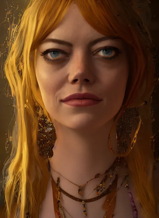 Prompt: portrait of emma stone as a belly dancer, au naturel, hyper detailed, digital art, trending in artstation, cinematic lighting, studio quality, smooth render, unreal engine 5 rendered, octane rendered, art style by klimt and nixeu and ian sprigger and wlop and krenz cushart.