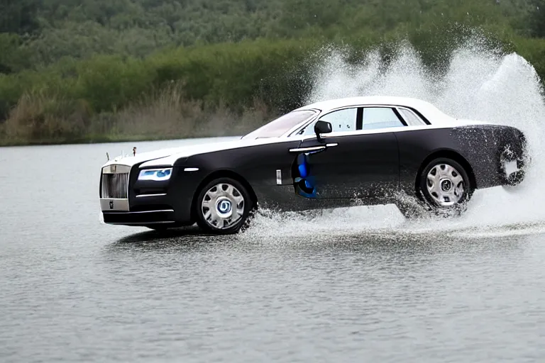 Image similar to Group of teenagers push Rolls-Royce into lake with their hands from a small slide wanting to drown him