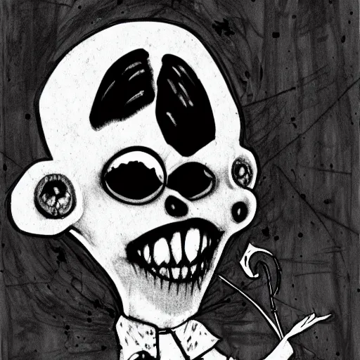 Prompt: grunge drawing of a cartoon boy holding a balloon with big bloody eyes and a wide smile by mrrevenge, corpse bride style, horror themed, detailed, elegant, intricate