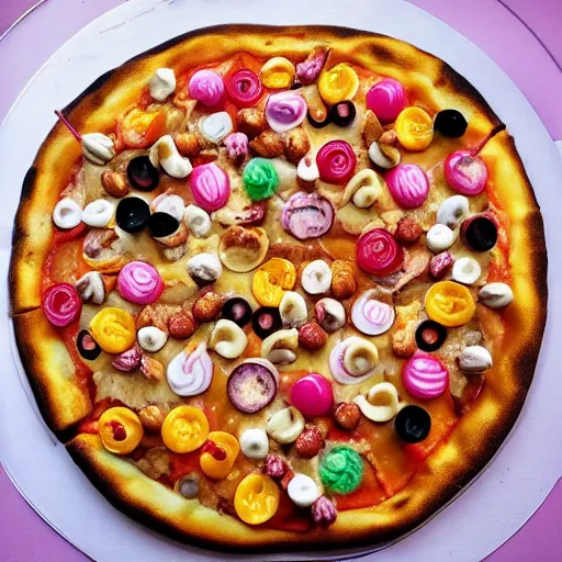 Image similar to a 🍕 🍭🍑🍬🍟🥥🍫🍄🧁🍩 ( ( mega - pizza ) ) made of 🍦🍡🍰🍇🍯🍮🍹🧁