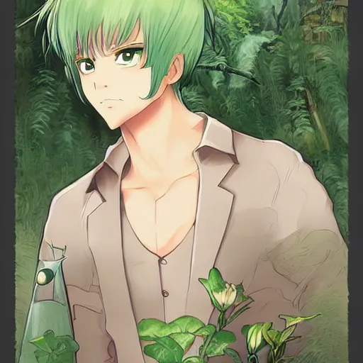 Image similar to portrait of bill rizer as a botanist, anime fantasy illustration by tomoyuki yamasaki, kyoto studio, madhouse, ufotable, trending on artstation