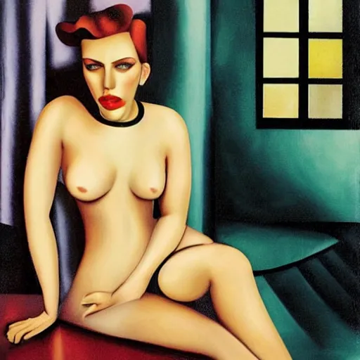 Image similar to Scarlett Johansson bathing, full body, in the style of Tamara de Lempicka