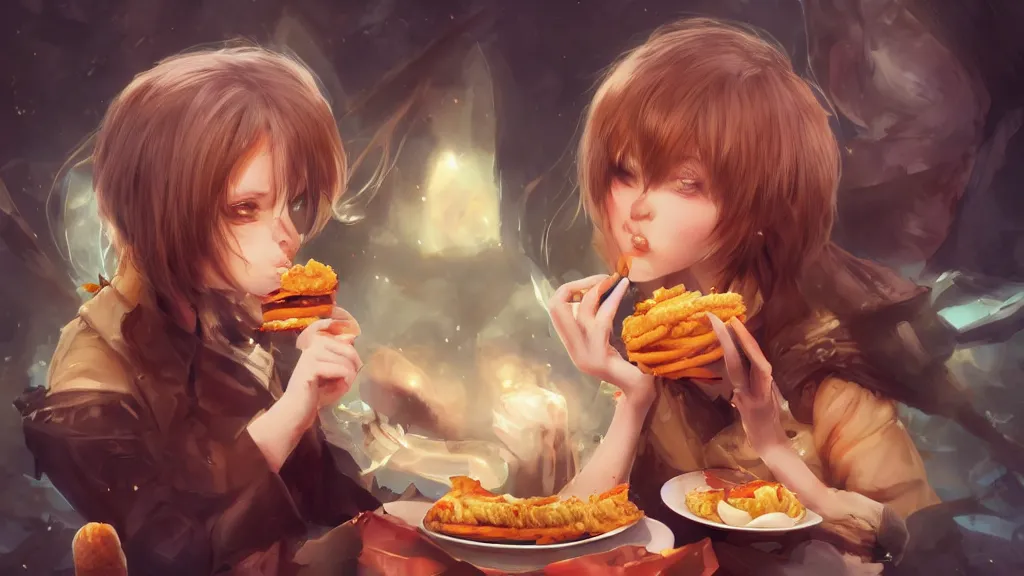 Image similar to waifu eating borgar , fantasy artwork, award winning, very very very very very very very beautiful, artstation