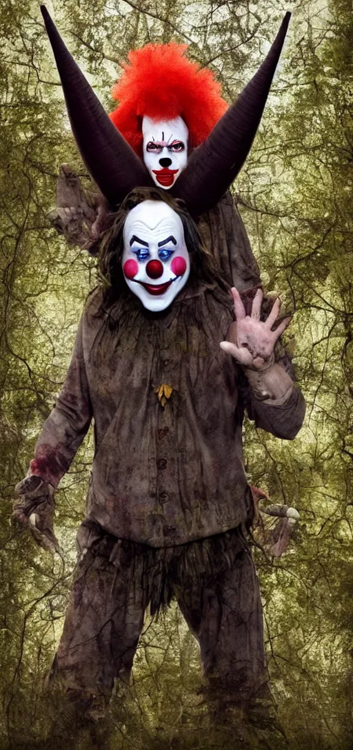 Prompt: a clown with big horns in the forest, darkness, creepy